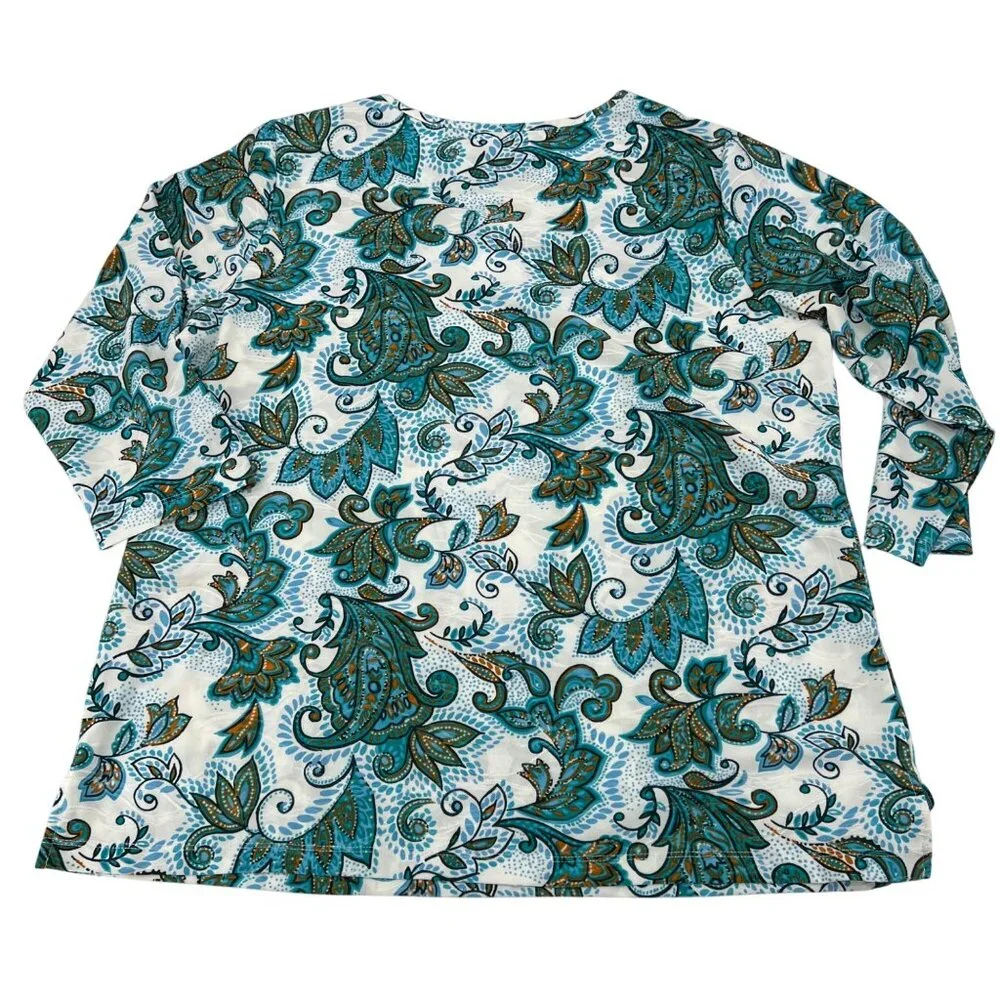 Emily Daniels Womens XL Paisley Print Tunic Top‎ Blue & Orange Stretch Fabric